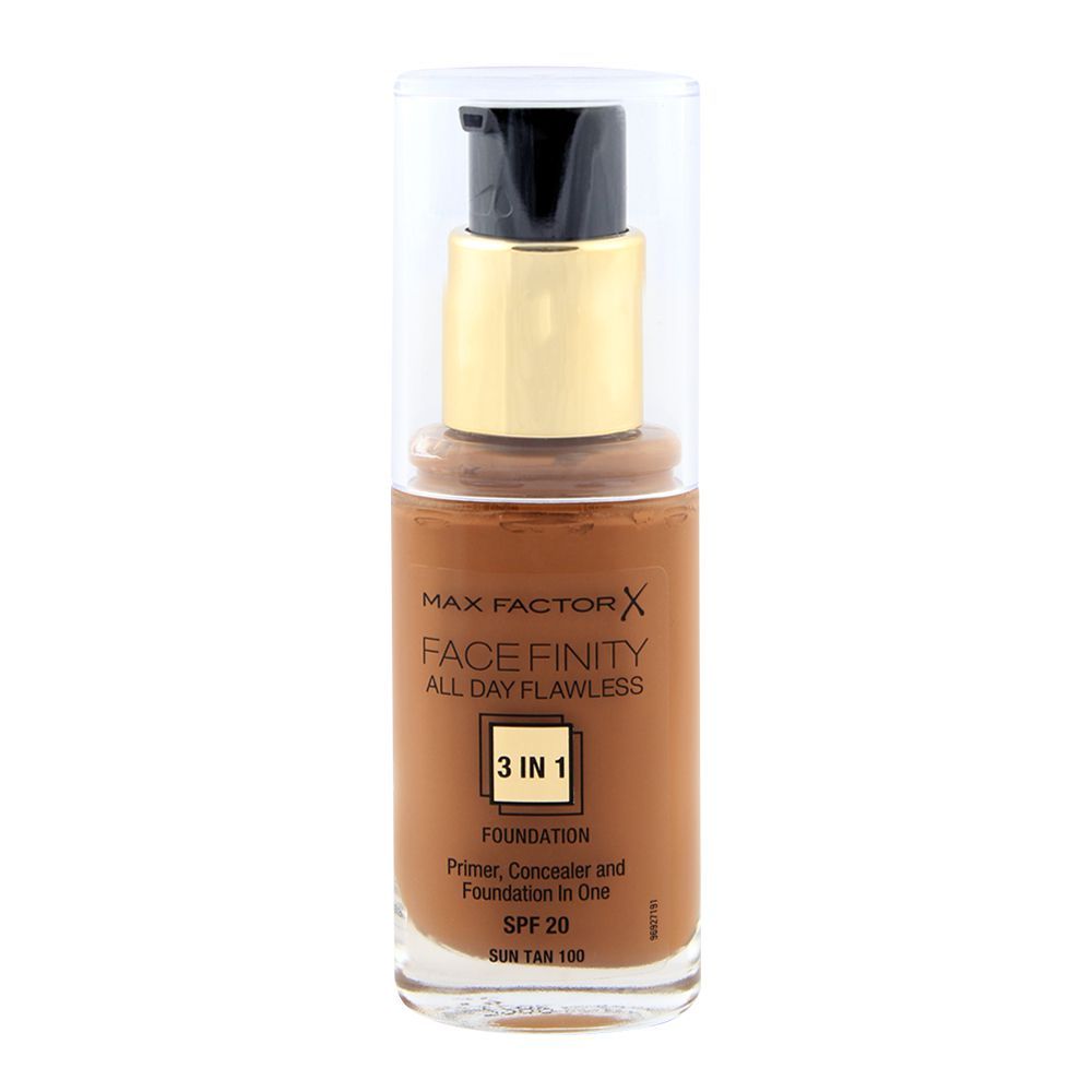 Max Factor Facefinity All Day Flawless Liquid Foundation 3In1 - 100 Sun Tan 30Ml - AllurebeautypkMax Factor Facefinity All Day Flawless Liquid Foundation 3In1 - 100 Sun Tan 30Ml