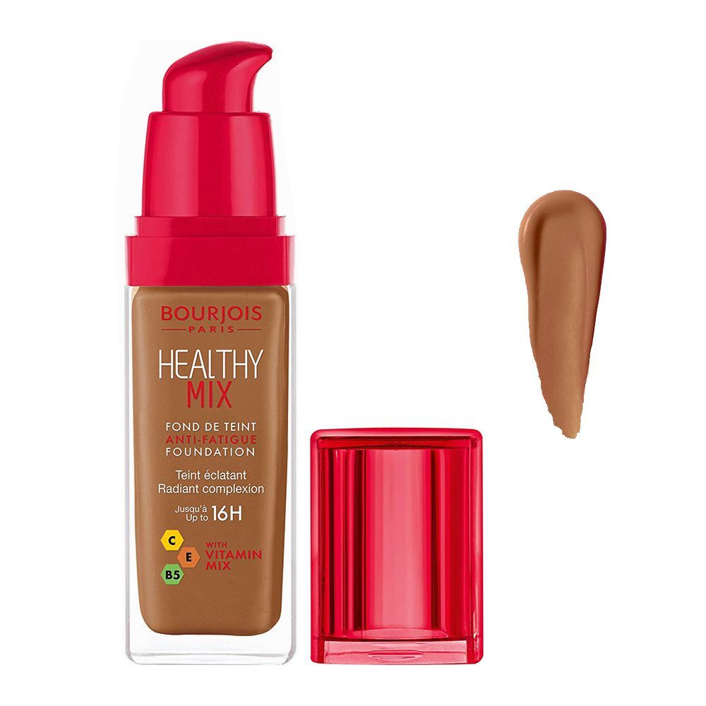 Bourjois Healthy Mix foundation bottle with red cap and applicator on a white background