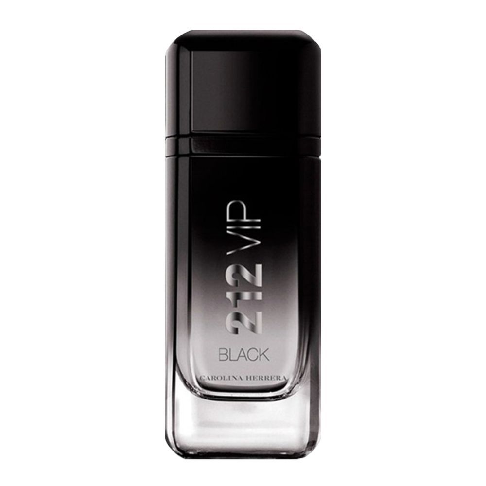 Perfume bottle labeled '2:12 VIP Black' by Carolina Herrera on a white background