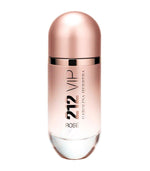 Perfume bottle with rose gold cap and clear base on a white background
