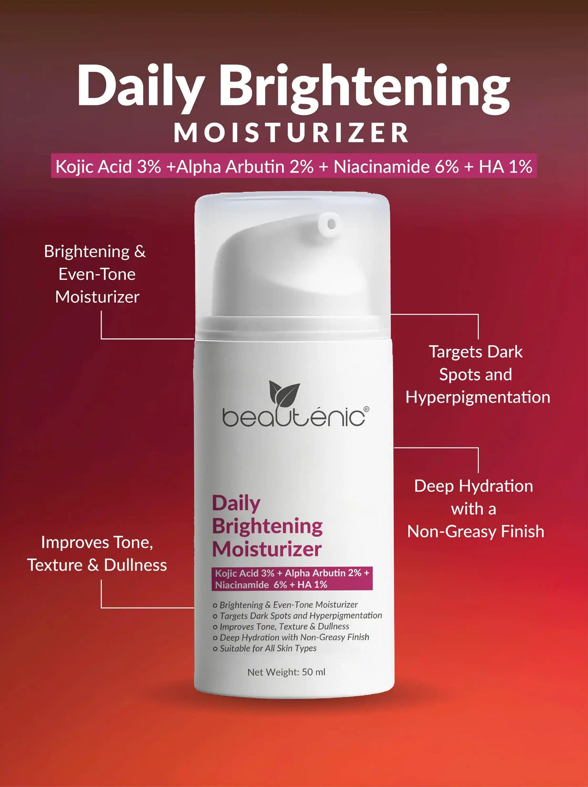 Daily Brightening Moisturizer - Kojic Acid 3% + Alpha Arbutin 2% + Niacinamide 6% + Hyaluronic Acid 1%