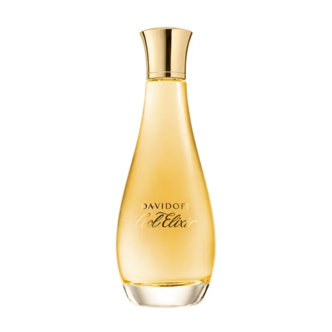 Perfume bottle with gold cap and label on a white background