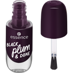 Nail polish bottle with brush and 'Black Plum & Done' text on a white background