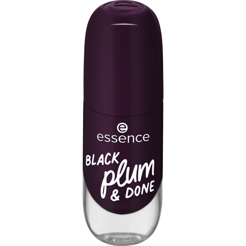 Purple nail polish bottle with 'essence' branding and text on a white background