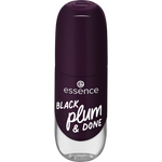 Purple nail polish bottle with 'essence' branding and text on a white background