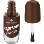 Brown nail polish bottle with brush and 'espresso yourself' text on a white background