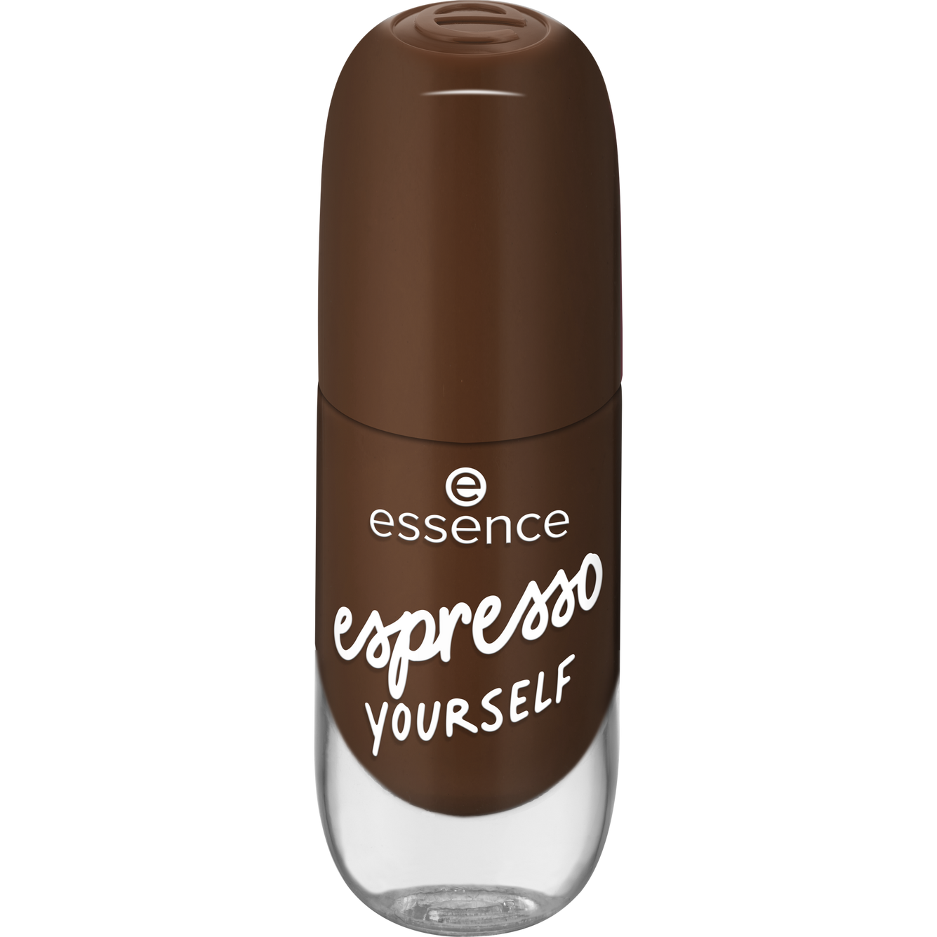 Brown nail polish bottle with 'essence espresso yourself' text on a white background