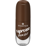 Brown nail polish bottle with 'essence espresso yourself' text on a white background