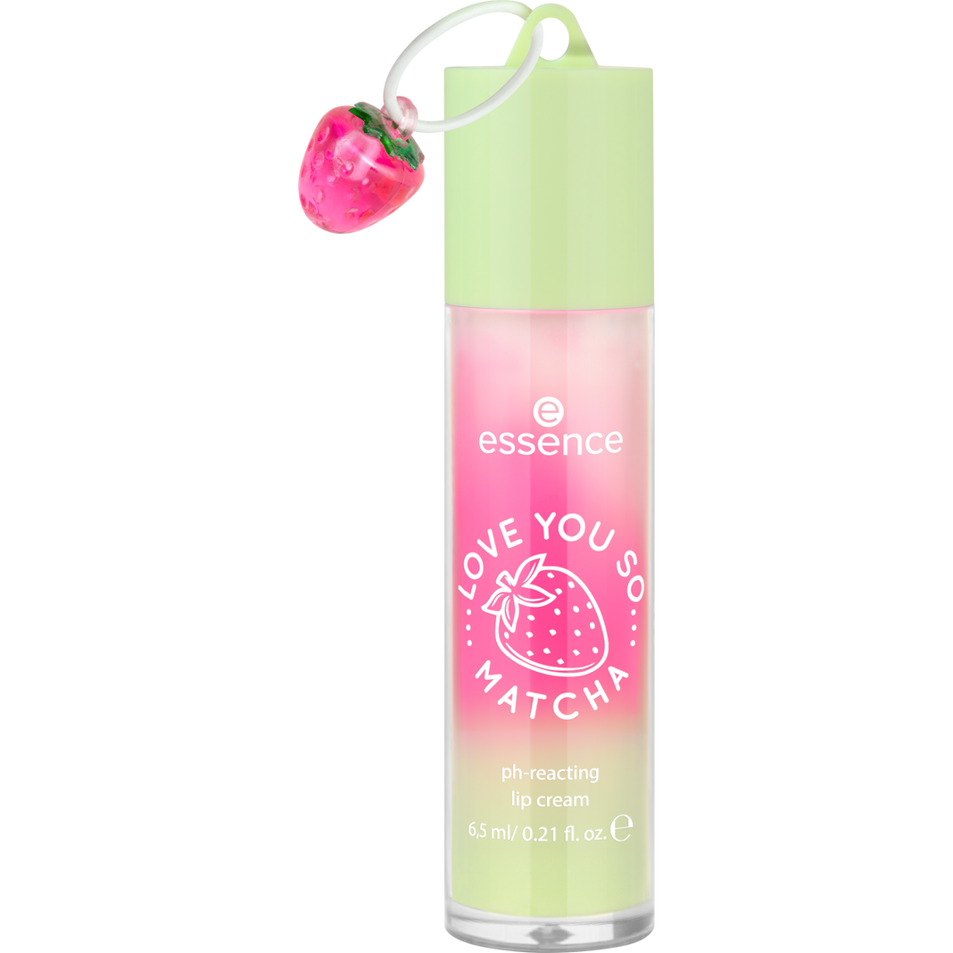 Essence lip cream with strawberry design on a white background