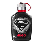 Black Hugo perfume bottle with Superman logo on a white background