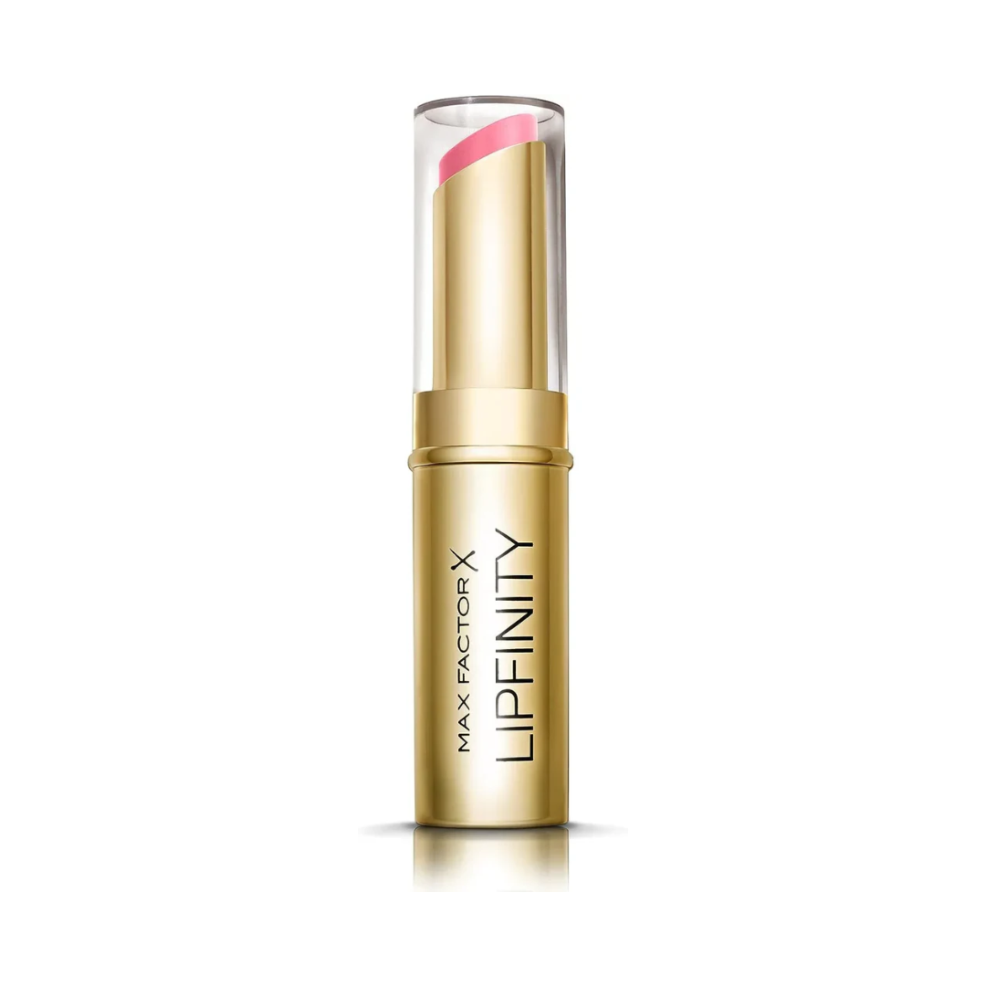 Max Factor Lipfinity lipstick in gold packaging on a white background