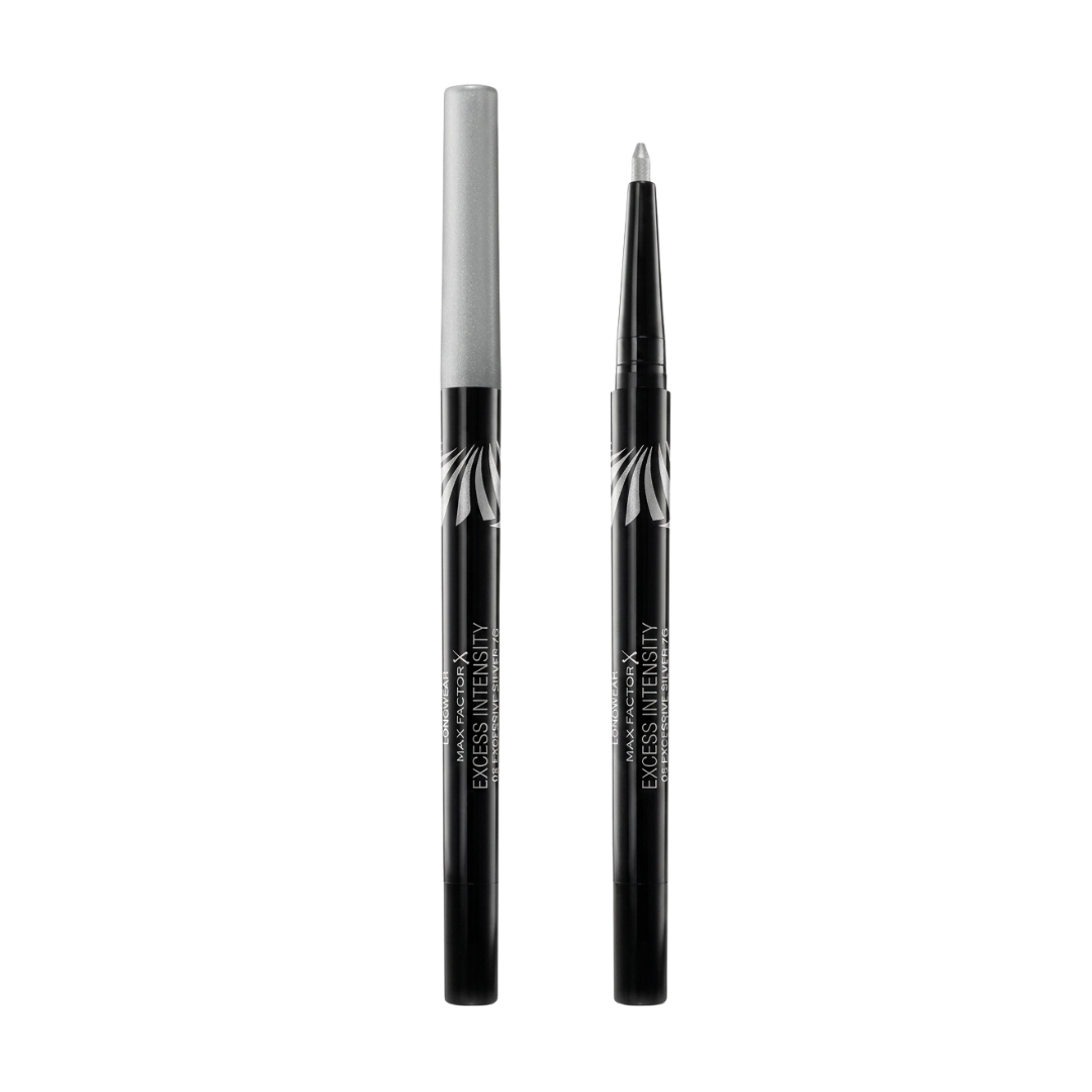 Two black eyeliner pencils with white tips on a white background