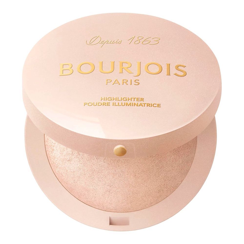 Bourjois Paris highlighter in a pink compact on a white background