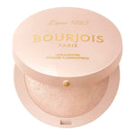 Bourjois Paris highlighter in a pink compact on a white background