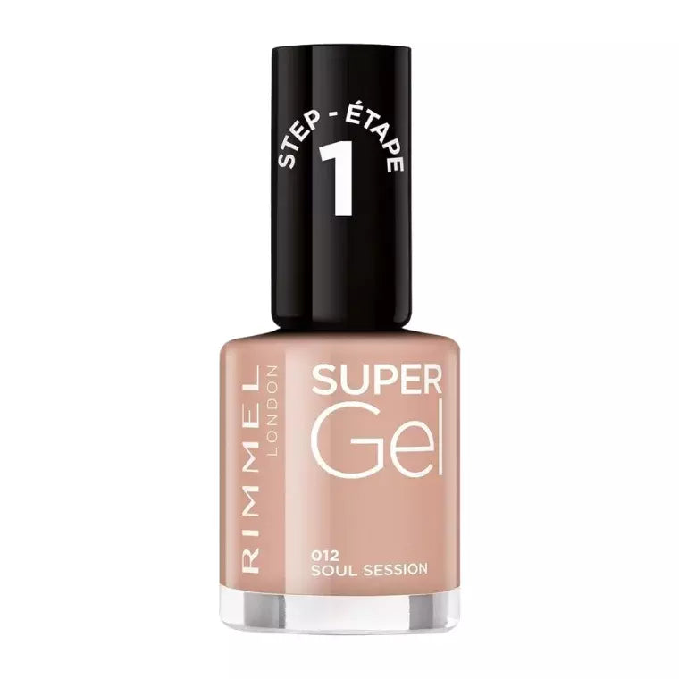 Rimmel Super Gel nail polish bottle with beige color and black cap on a white background