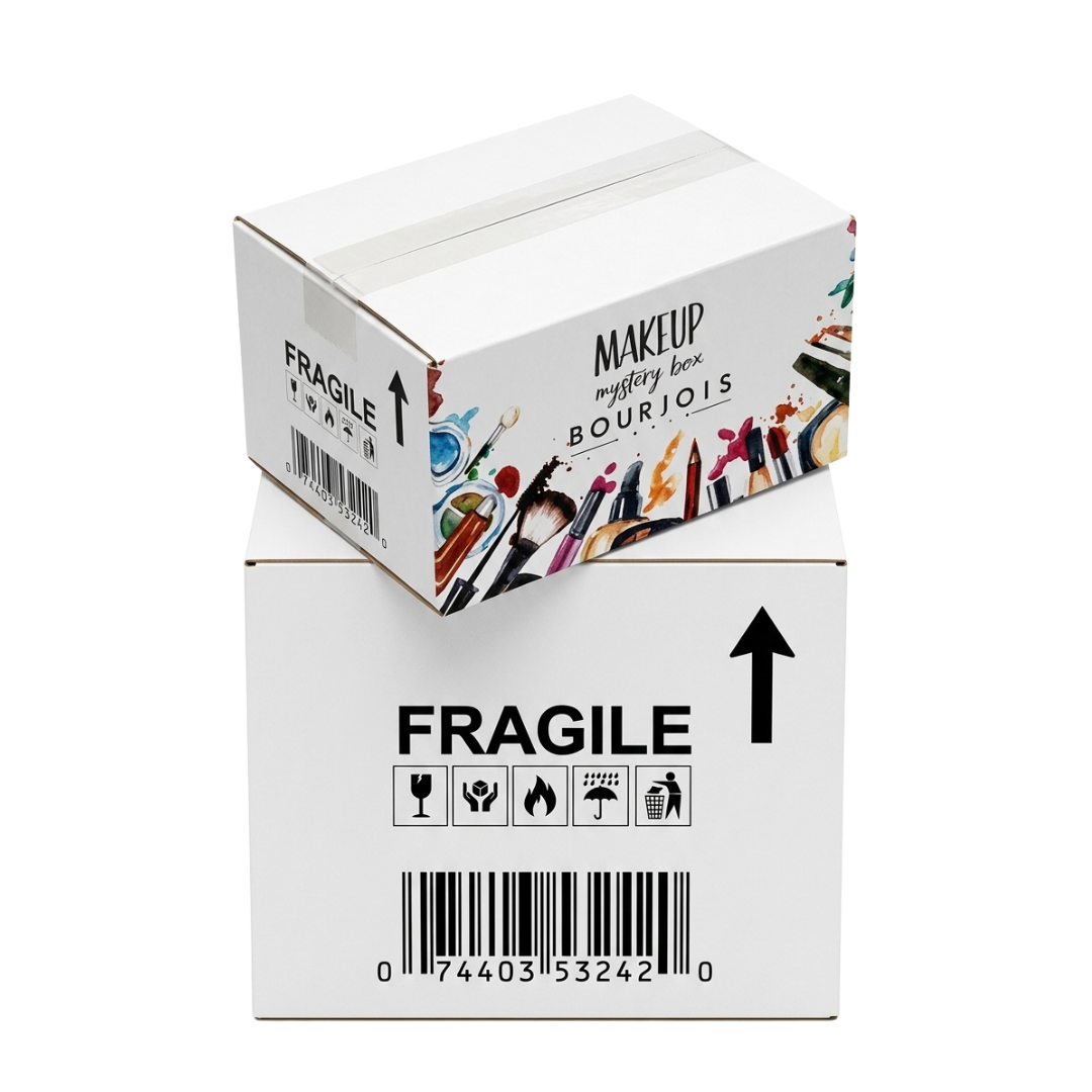 Makeup mystery box with 'Fragile' labels on a white background